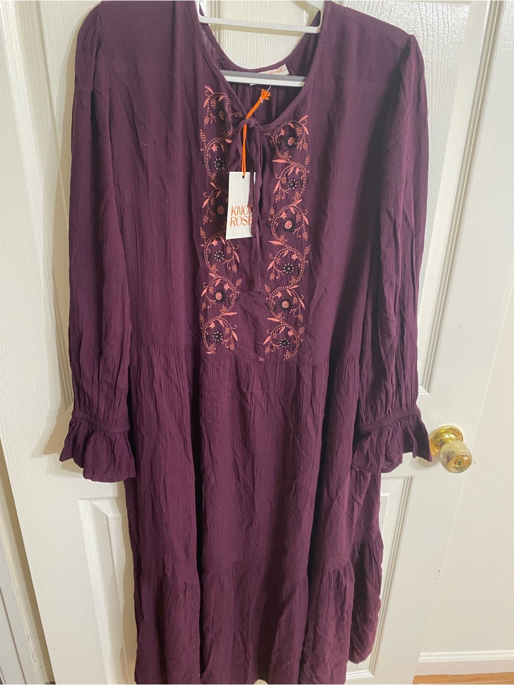Kivari Plum Embroidered Long Sleeve Midi Dress with Tie Neck